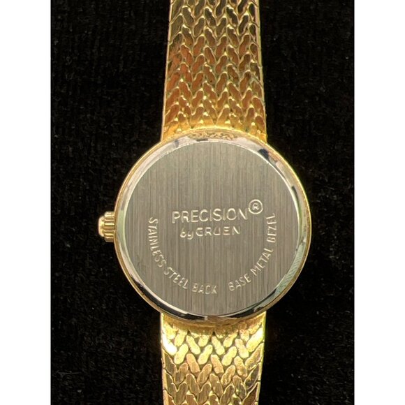 Precision By Gruen Gold-Tone Quartz Watch With Black Dial & Woven Bracelet Stain